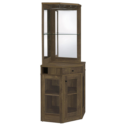 Alviso Corner Bar Cabinet with Stemware Rack Rustic Oak - Visions in Furniture (La Mirada, CA)