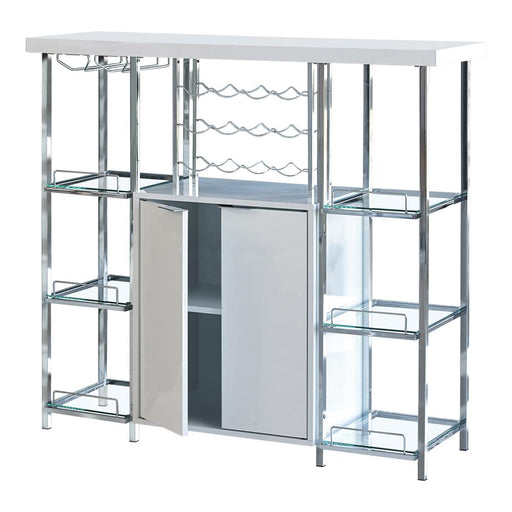 Gallimore 2-door Bar Cabinet with Glass Shelf High Glossy White and Chrome - Visions in Furniture (La Mirada, CA)