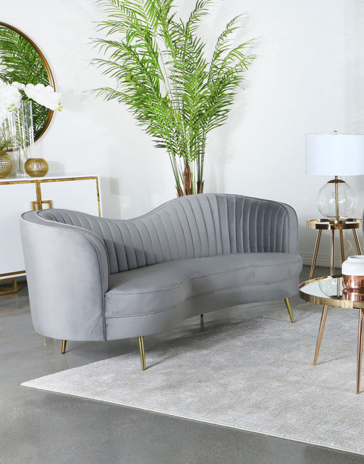 Sophia Upholstered Sofa with Camel Back Grey and Gold - Visions in Furniture (La Mirada, CA)