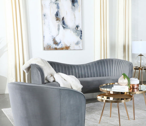 Sophia Upholstered Loveseat with Camel Back Grey and Gold - Visions in Furniture (La Mirada, CA)