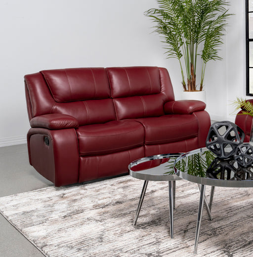 Camila Upholstered Motion Reclining Loveseat Red Faux Leather - Visions in Furniture (La Mirada, CA)