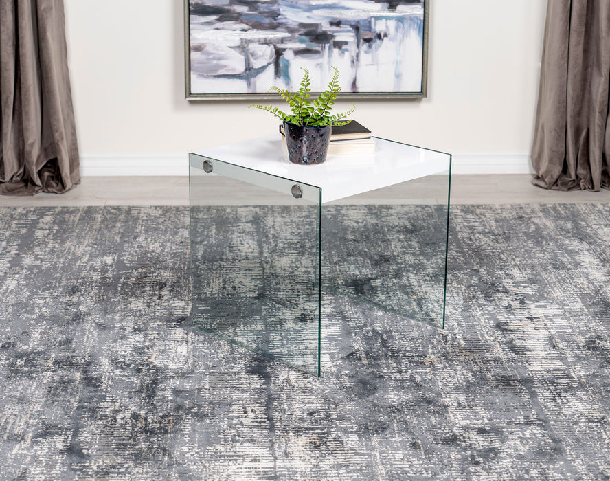 Opal Square End Table With Clear Glass Legs White High Gloss - Visions in Furniture (La Mirada, CA)