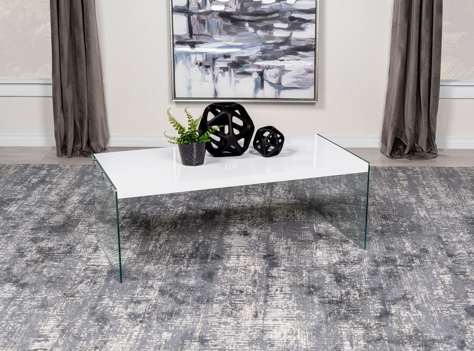 Opal Rectangular Coffee Table With Clear Glass Legs White High Gloss - Visions in Furniture (La Mirada, CA)