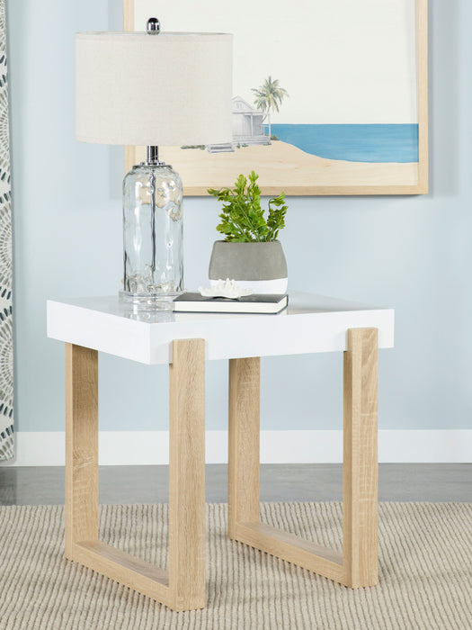 Pala Rectangular End Table with Sled Base White High Gloss and Natural - Visions in Furniture (La Mirada, CA)