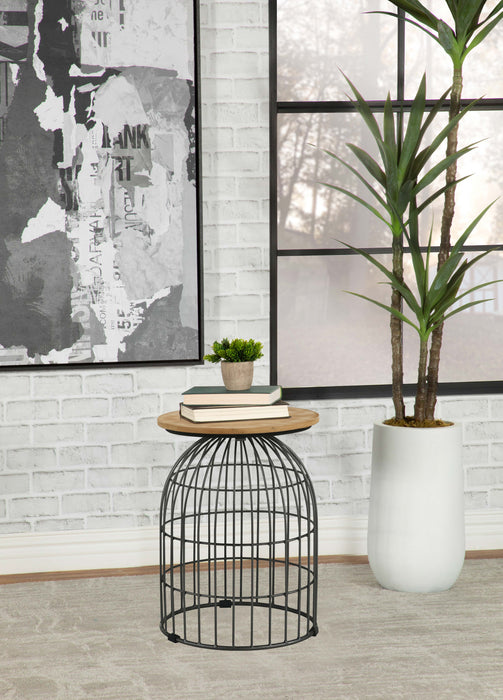 Bernardo Round Accent Table with Bird Cage Base Natural and Gunmetal - Visions in Furniture (La Mirada, CA)