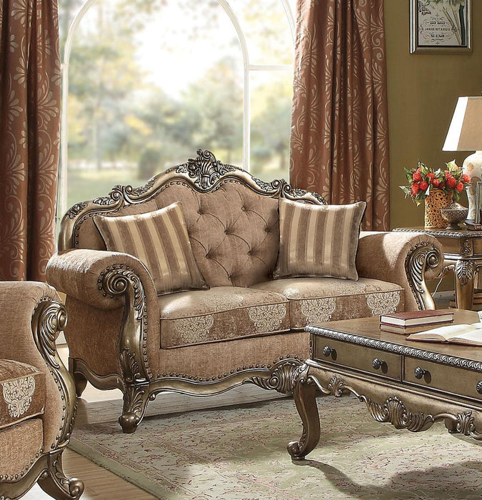 Acme Ragenardus Loveseat with 2 Pillows in Fabric & Vintage Oak 56031 - Visions in Furniture (La Mirada, CA)