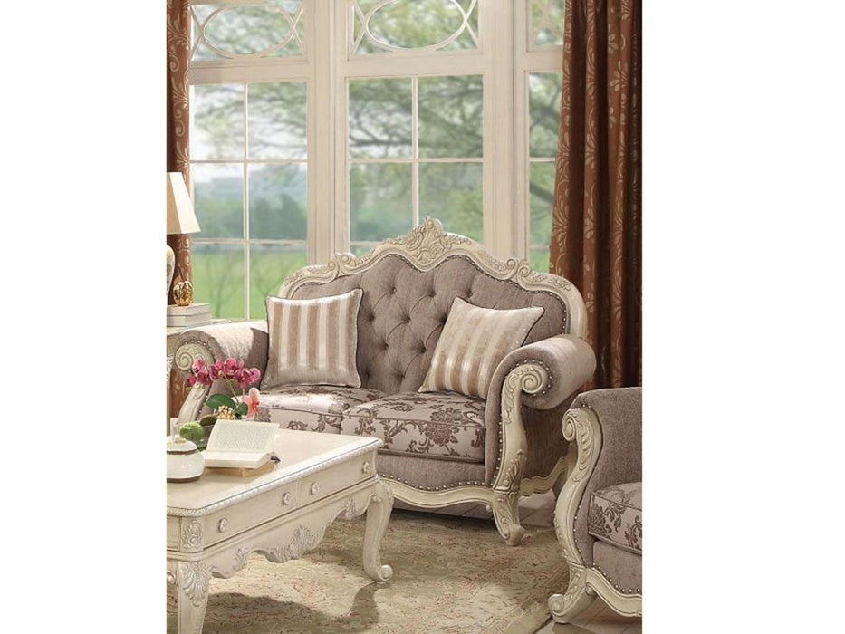 Acme Ragenardus Loveseat with 2 Pillows in Gray Fabric & Antique White 56021 - Visions in Furniture (La Mirada, CA)