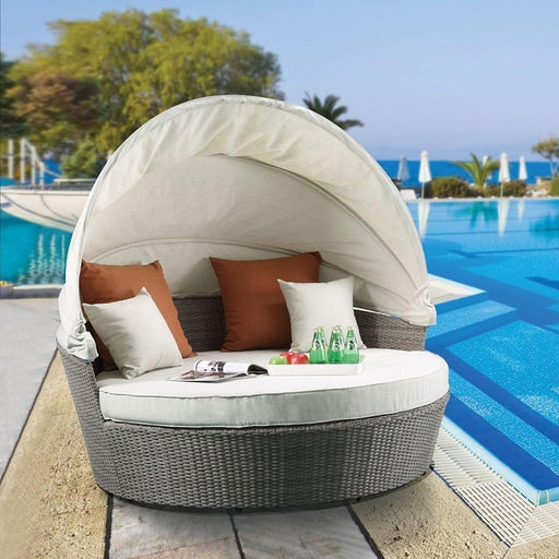 Acme Salena Patio Canopy Sofa with Ottoman in Beige Fabric & Gray Wicker 45025 - Visions in Furniture (La Mirada, CA)