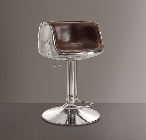 Brancaster Vintage Brown Top Grain Leather & Aluminum Adjustable Stool (1Pc) - Visions in Furniture (La Mirada, CA)