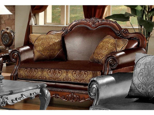 Dresden Brown PU & Chenille, Cherry Oak Loveseat w/2 Pillows - Visions in Furniture (La Mirada, CA)