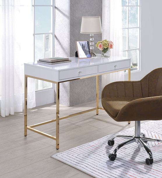 Ottey White High Gloss & Gold Desk - Visions in Furniture (La Mirada, CA)