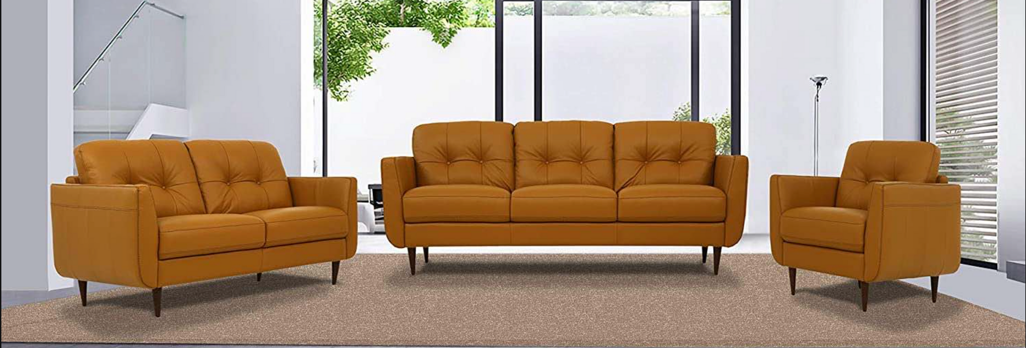 Radwan Pesto Camel Leather 3-Piece Living Room Set - Visions in Furniture (La Mirada, CA)