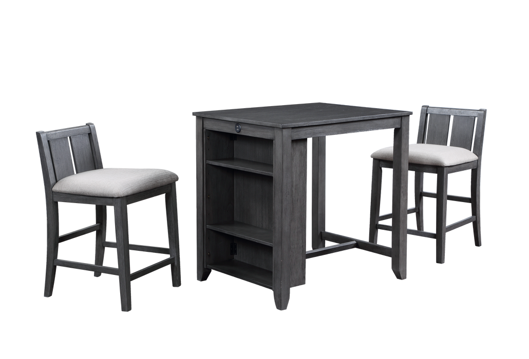 HESTON 36" STORAGE COUNTER TABLE SET W/2 CHAIRS-GRAY - Visions in Furniture (La Mirada, CA)