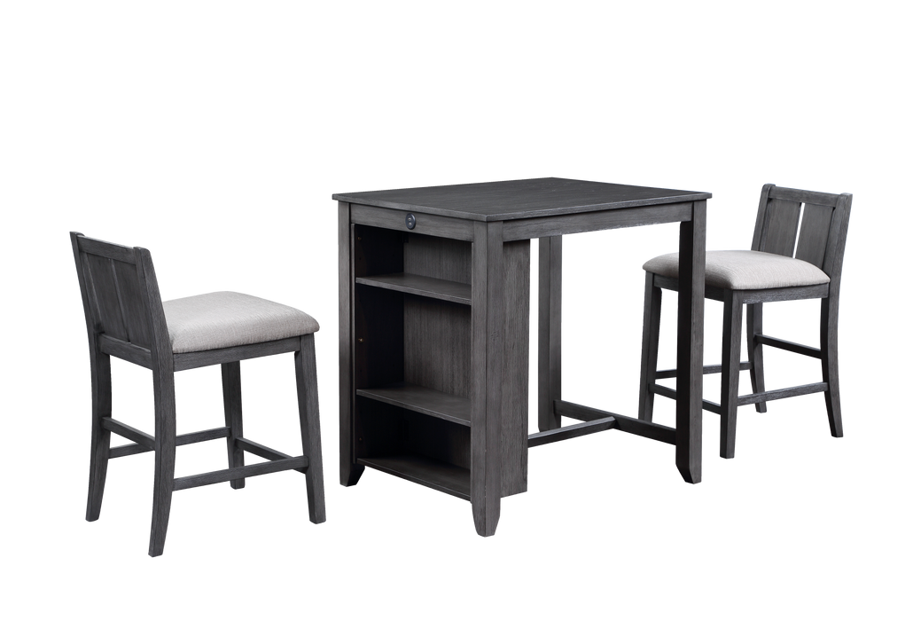 HESTON 36" STORAGE COUNTER TABLE SET W/2 CHAIRS-GRAY - Visions in Furniture (La Mirada, CA)