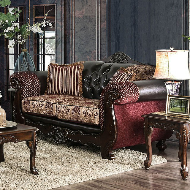 Quirino Burgundy/Dark Brown Love Seat - Visions in Furniture (La Mirada, CA)