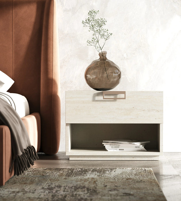 Kiro + Lago - Modern Tan Fabric + Faux Travertine 4-Piece Bedroom Set