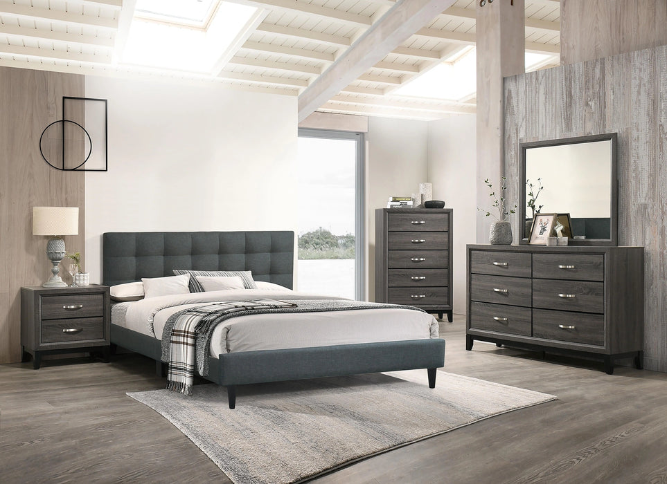 Chyuan Eastern King Bed/Charcoal Fabric in Charcoal/Espresso