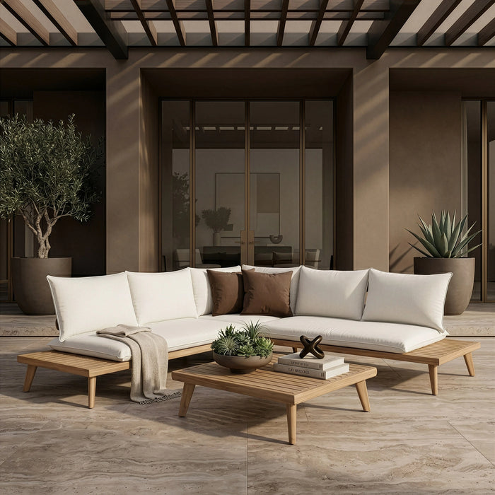 Tavira - Outdoor Off-White Fabric + Eucalyptus Sectional Sofa + Coffee Table Set