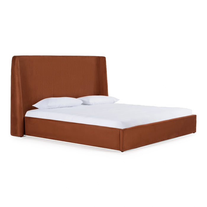 Roma + Lago - Modern Burnt Orange Velvet + Faux Travertine Bed + Nightstands Set