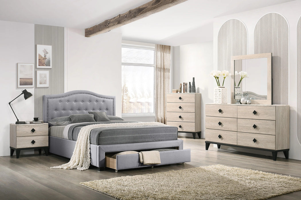 Liihcc Queen Bed W/Drawer-Light Grey Burlap in Light Grey / Black