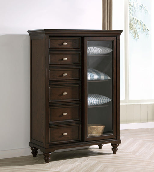 Andover 6-drawer Tempered Glass Door Chest Dark Oak - Visions in Furniture (La Mirada, CA)
