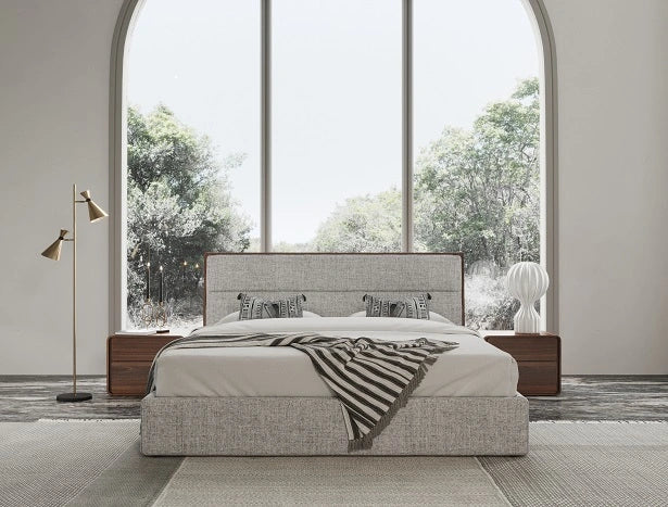 Dustin - Modern Grey Fabric & Walnut Trimmed Bed