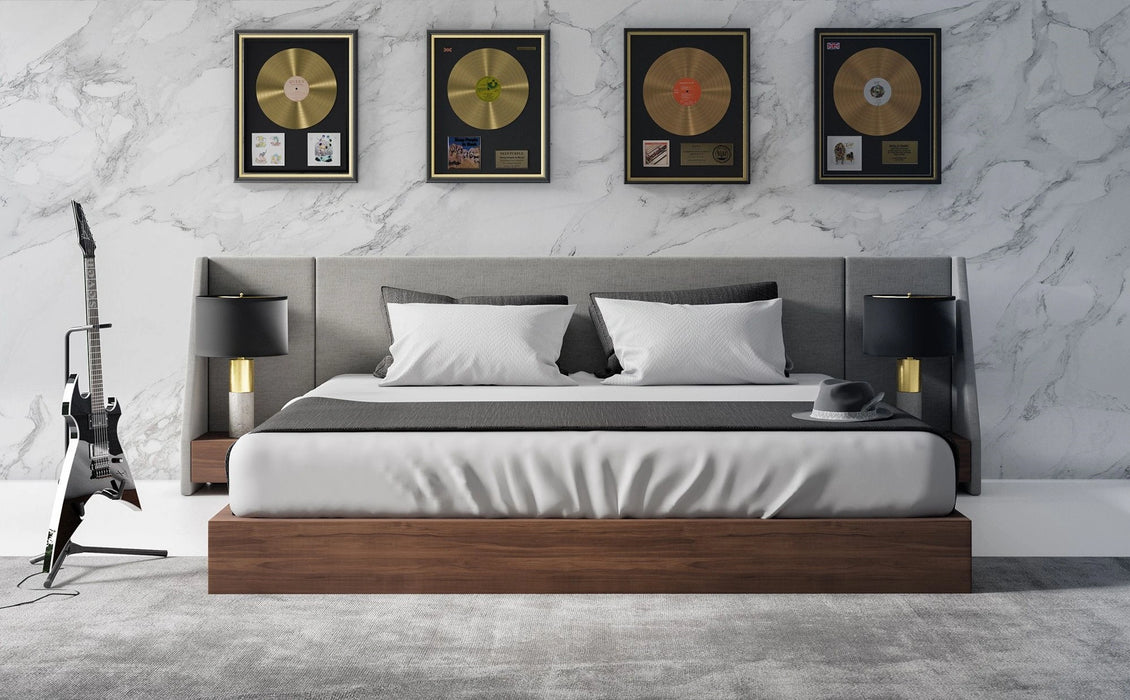 Janice - Modern Grey Fabric and Walnut Bed and Nightstands