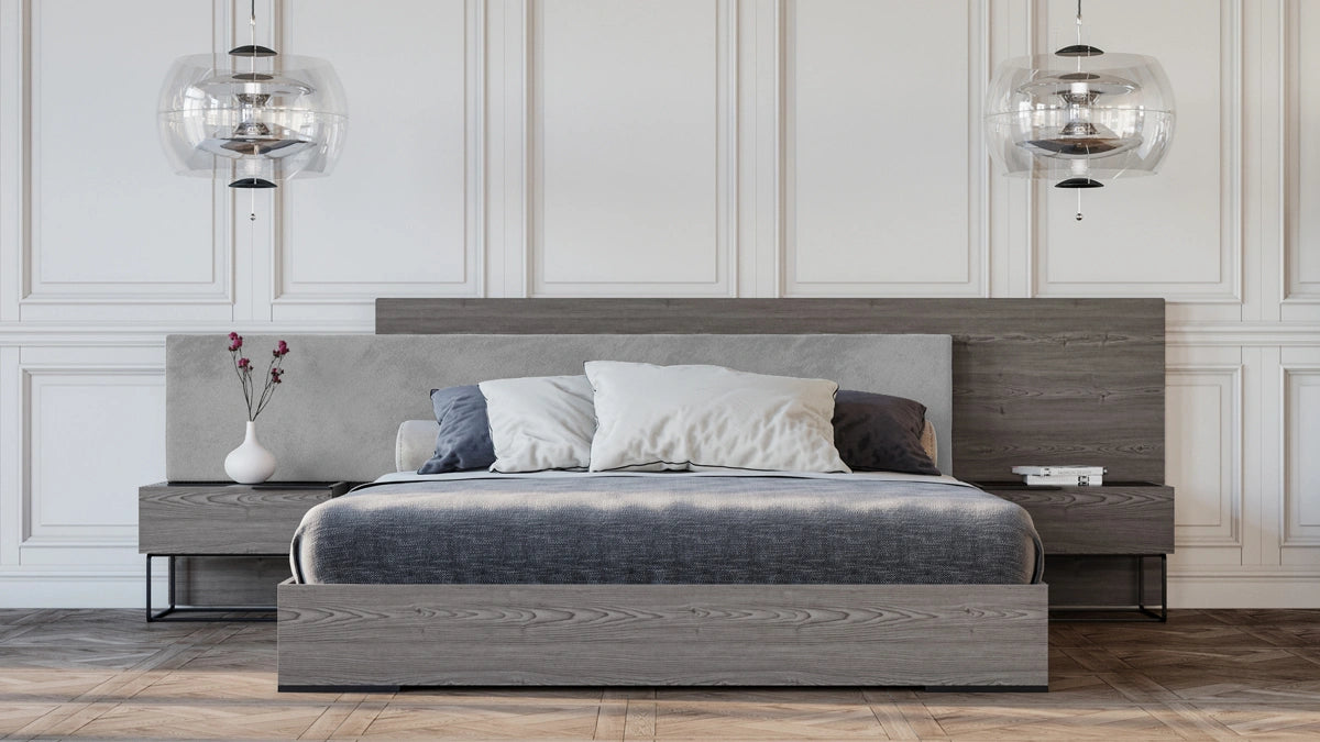 Enzo Italian Modern Grey Oak & Fabric Bed w/ Nightstands