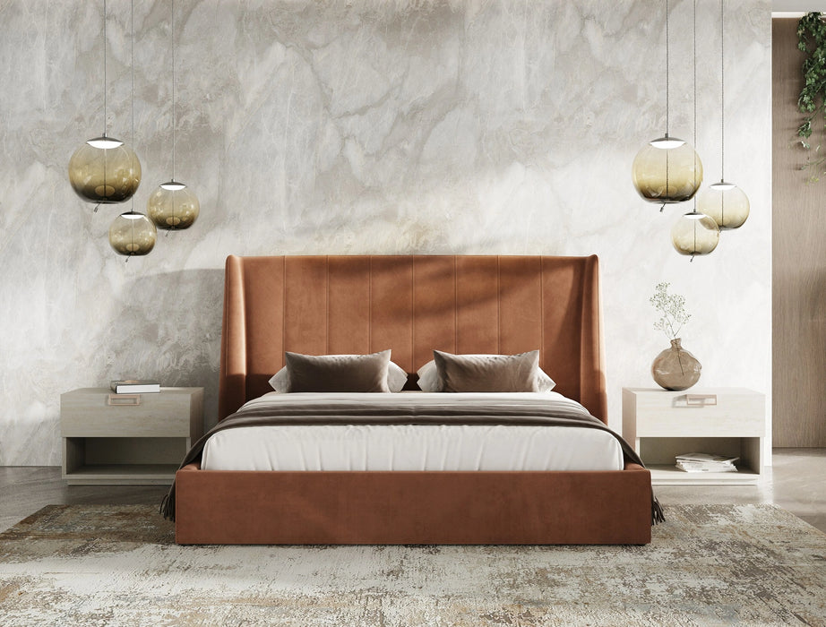 Roma + Lago - Modern Burnt Orange Velvet + Faux Travertine 4-Piece Bedroom Set
