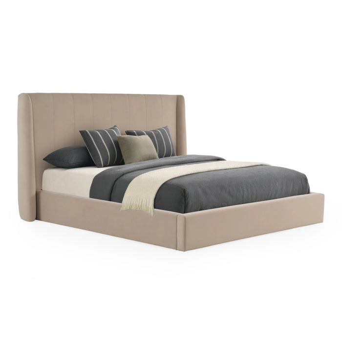 Kiro + Lago - Modern Tan Fabric + Faux Travertine 4-Piece Bedroom Set