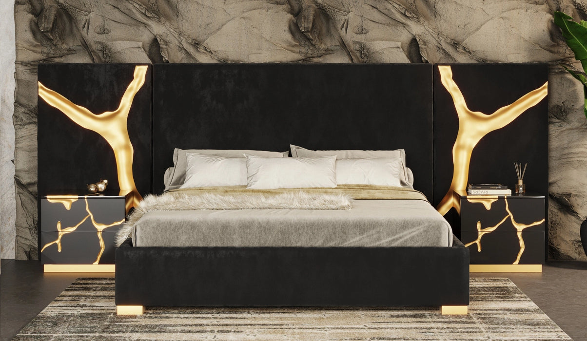 Aspen - Modern Black + Gold 4-Piece Bedroom Set