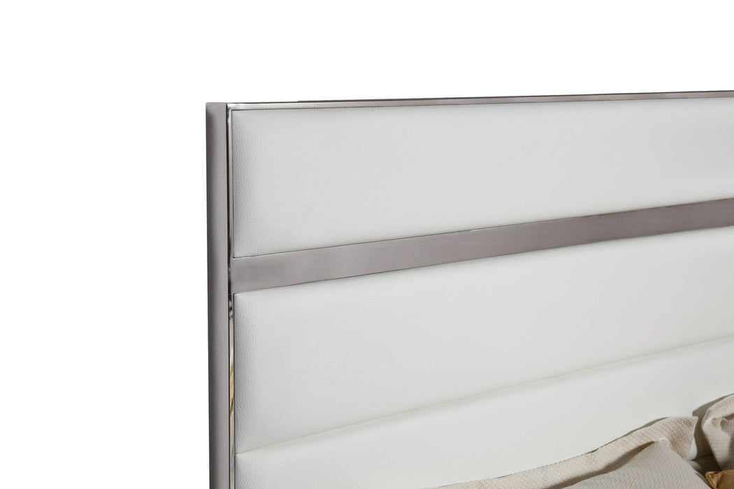 Cartier - Modern White Vegan Leather + Stainless Steel 4-Piece Bedroom Set