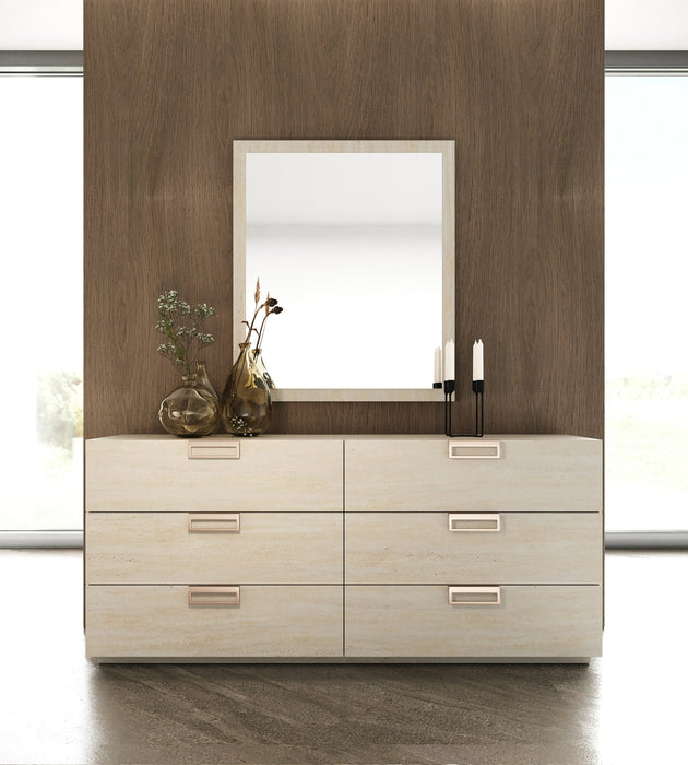 Roma + Lago - Modern Burnt Orange Velvet + Faux Travertine 4-Piece Bedroom Set