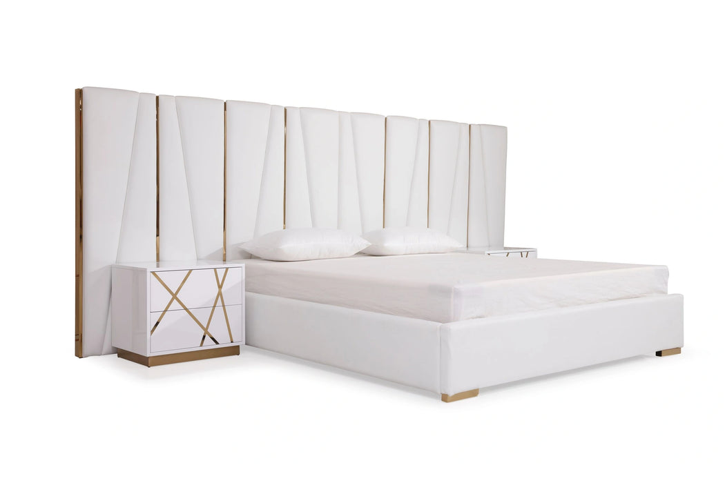 Nixa - Modern White + Gold Bed + Nightstands