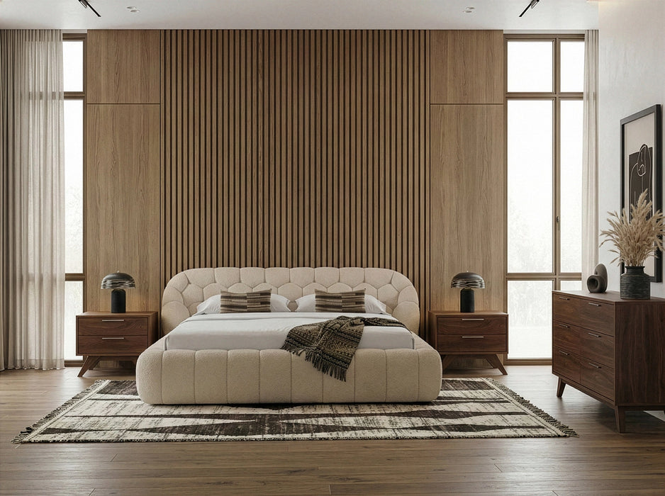 Yolonda + Soria - Modern Beige Fabric + Walnut 4-Piece Bedroom Set