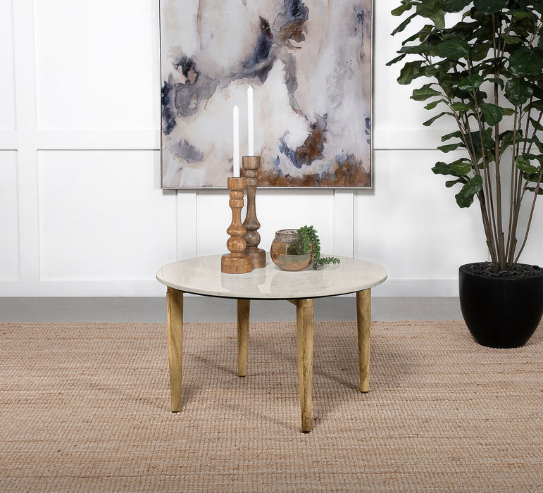 Aldis Round Marble Top Coffee Table White and Natural - Visions in Furniture (La Mirada, CA)