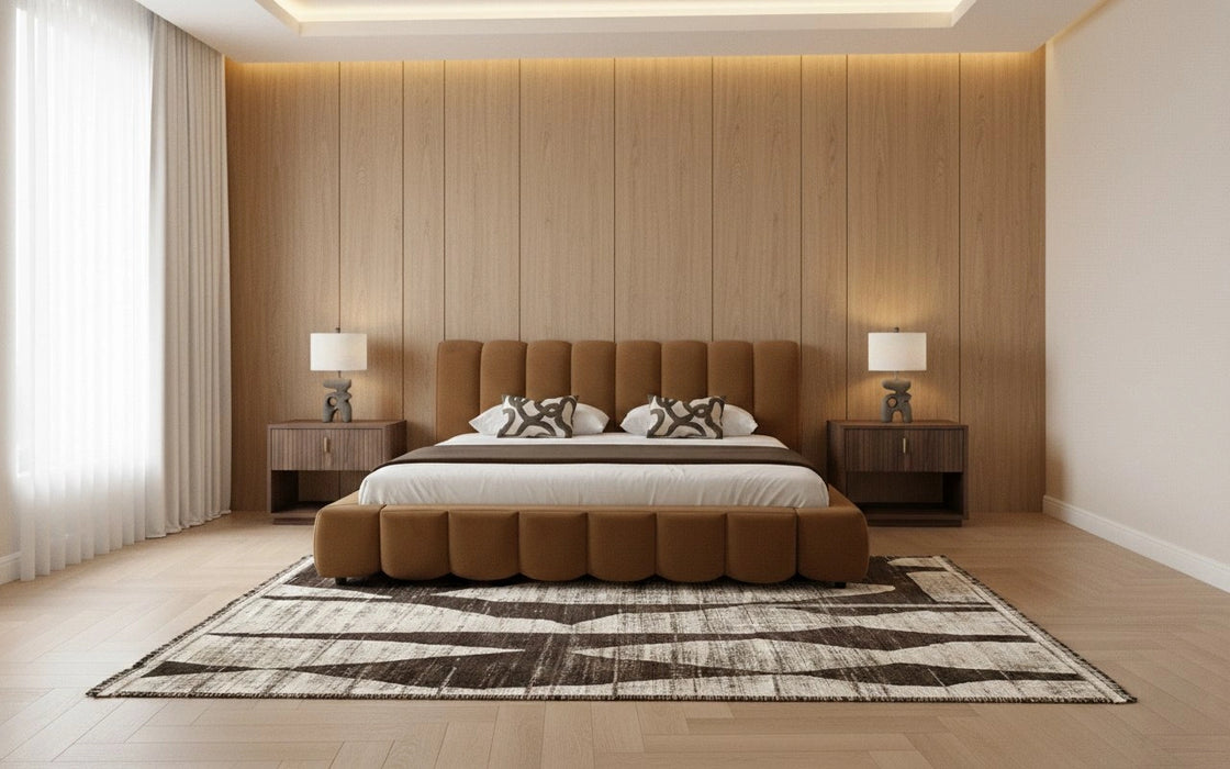 Harris + Roma - Modern Brown Fabric + Walnut 4-Piece Bedroom Set