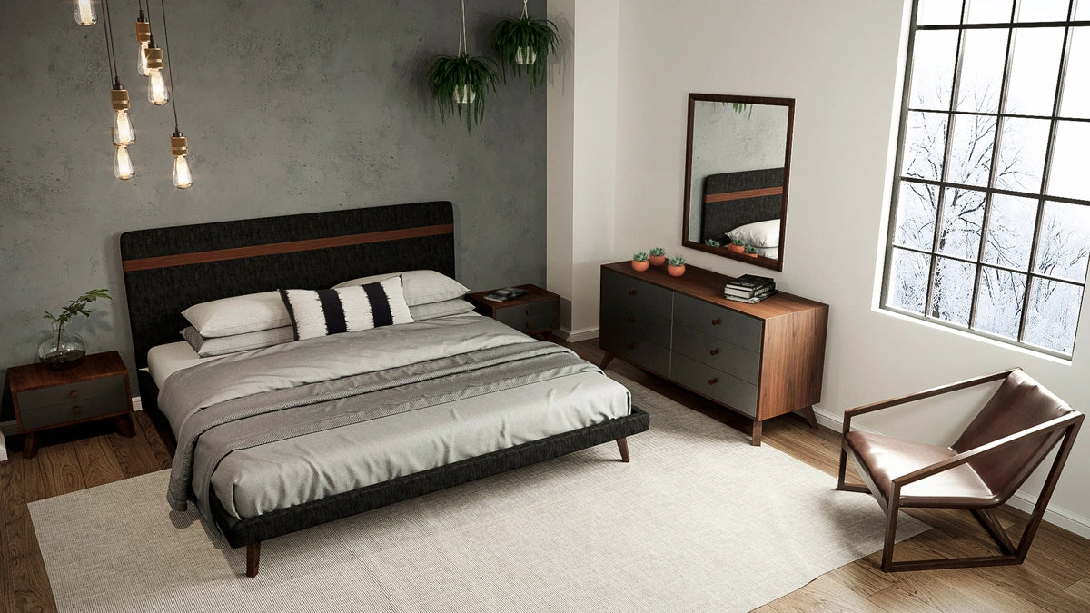 Dali Mid-Century Grey Fabric & Walnut Bed