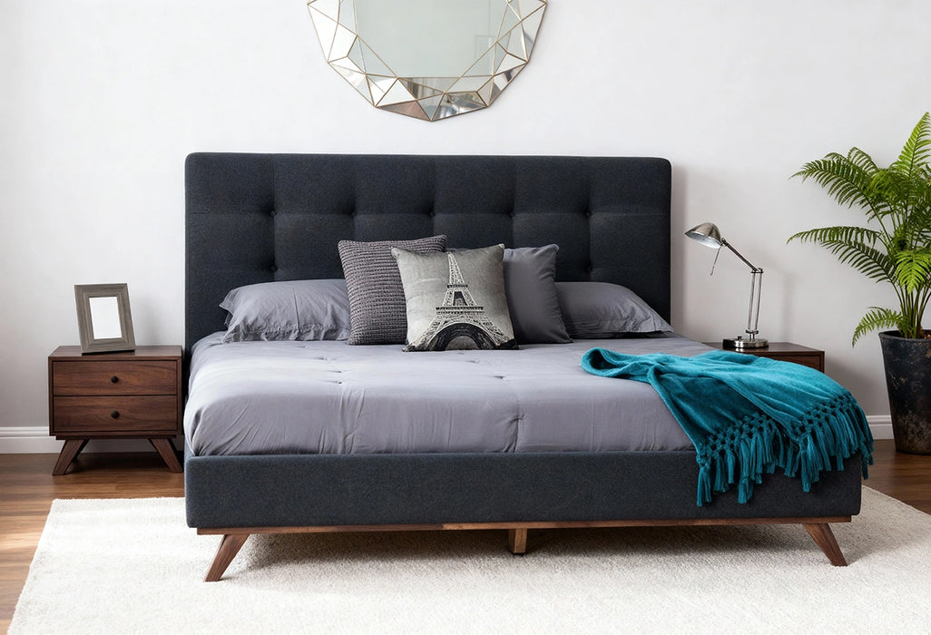 Addison Mid-Century Modern Grey Fabric & Walnut Bed
