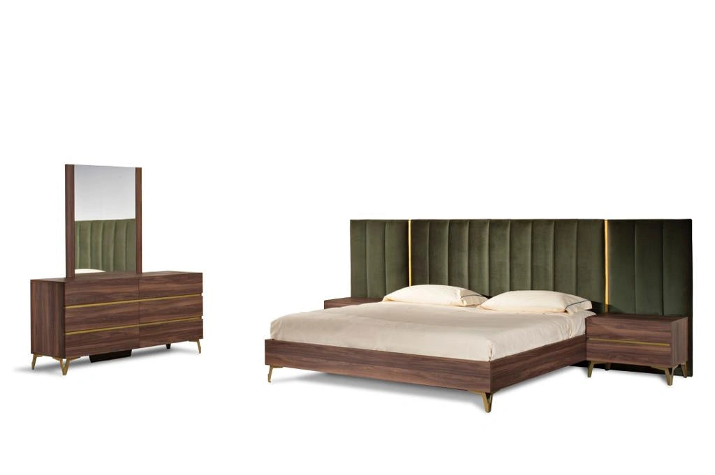 Calabria Modern Walnut & Green Velvet Bed & Nightstands