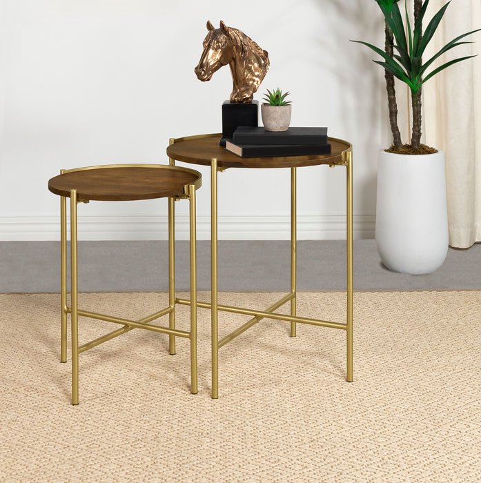 Malka 2-piece Round Nesting Table Dark Brown and Gold - Visions in Furniture (La Mirada, CA)
