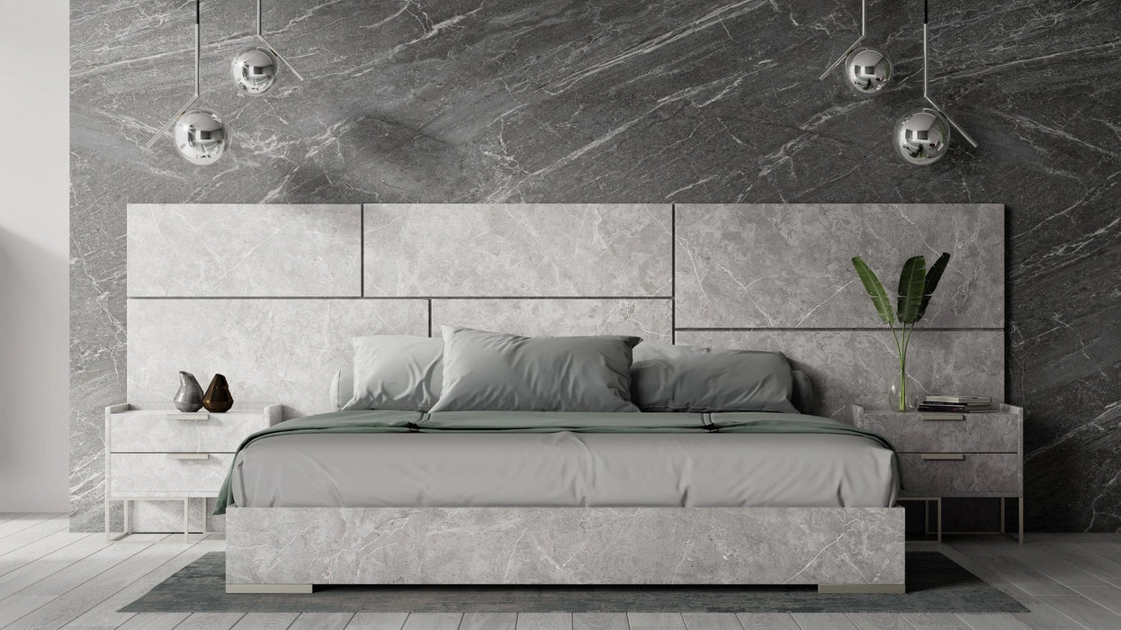 Marbella - Italian Modern Grey Marble Bed w/ 2 Nightstands