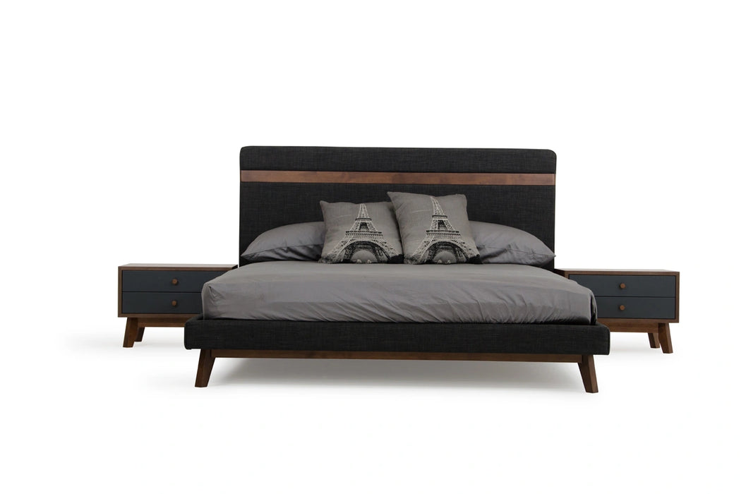 Dali Mid-Century Grey Fabric & Walnut Bed