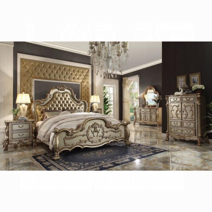 Dresden Bone PU & Gold Patina Eastern King Bed - Visions in Furniture (La Mirada, CA)