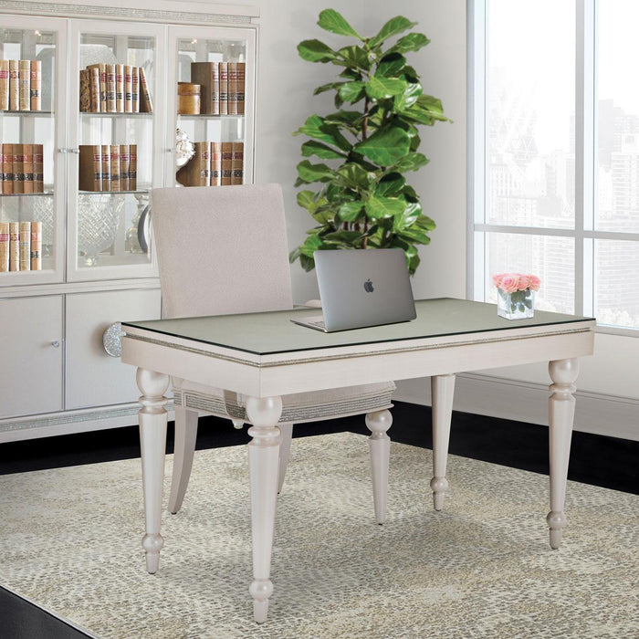 Glimmering Heights 2pc Writing Desk w/Glass Top in Ivory - Visions in Furniture (La Mirada, CA)