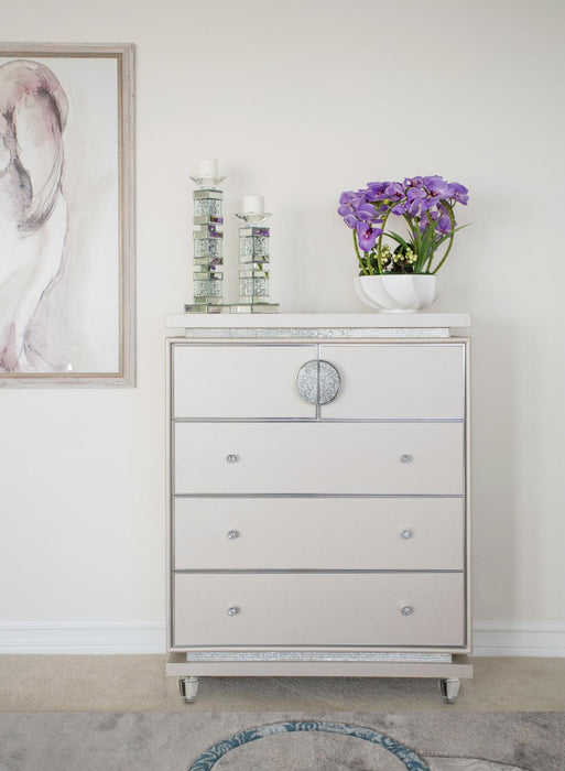 Glimmering Heights Upholstered 5 Drawer Chest in Ivory - Visions in Furniture (La Mirada, CA)