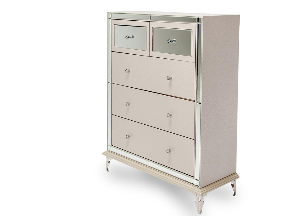 Hollywood Loft Upholstered 5 Drawer Chest in Frost - Visions in Furniture (La Mirada, CA)