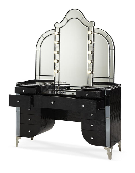 Hollywood Swank Upholstered Vanity in Black Iguana - Visions in Furniture (La Mirada, CA)