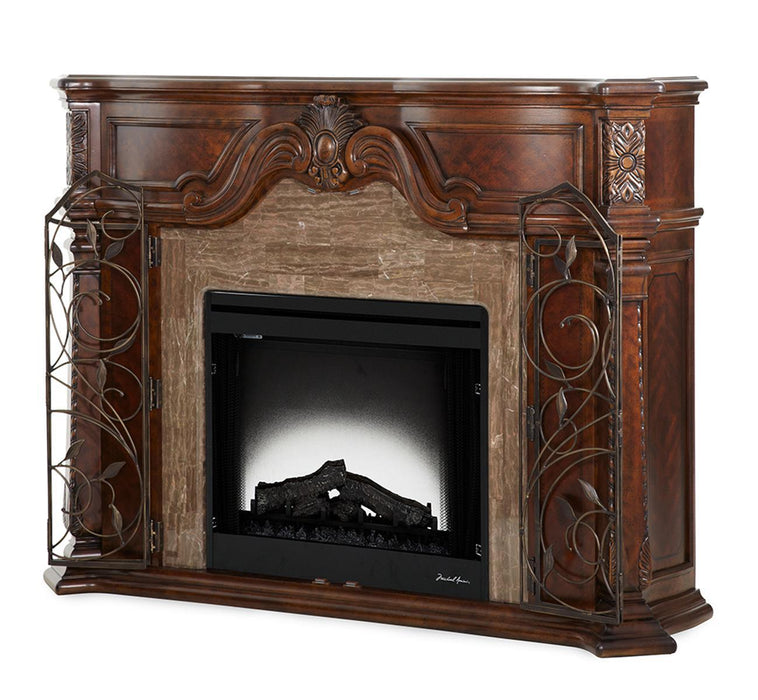 Windsor Court 2pc Fireplace w/Insert, Heater and LED Lights in Vintage Fruitwood - Visions in Furniture (La Mirada, CA)