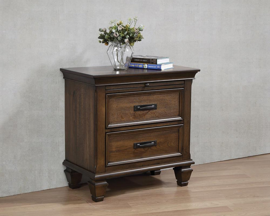 Franco 2-drawer Nightstand with Pull Out Tray Burnished Oak - Visions in Furniture (La Mirada, CA)